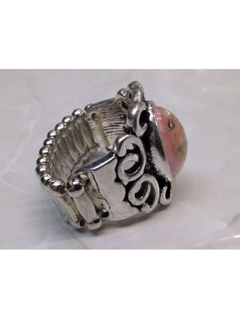 New Adjustable Silver Tone Ring Pink Oval Confetti Stone Flexible Band Stretch